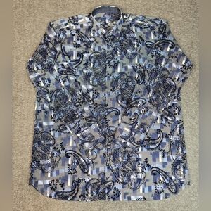 Visconti Black 1XL Blue Paisley Flocked Velvet Shirt Designer Button Down Cotton